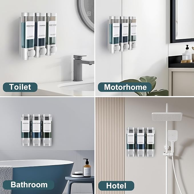 3 Pack Shampoo and Conditioner Dispenser, Shower Soap Dispenser 3 Chamber No Drill Wall-Mounted, Body Wash and Shower Dispenser Set for Shower Wall, Elegant Large Capacity for Bathroom Hotel, Silver