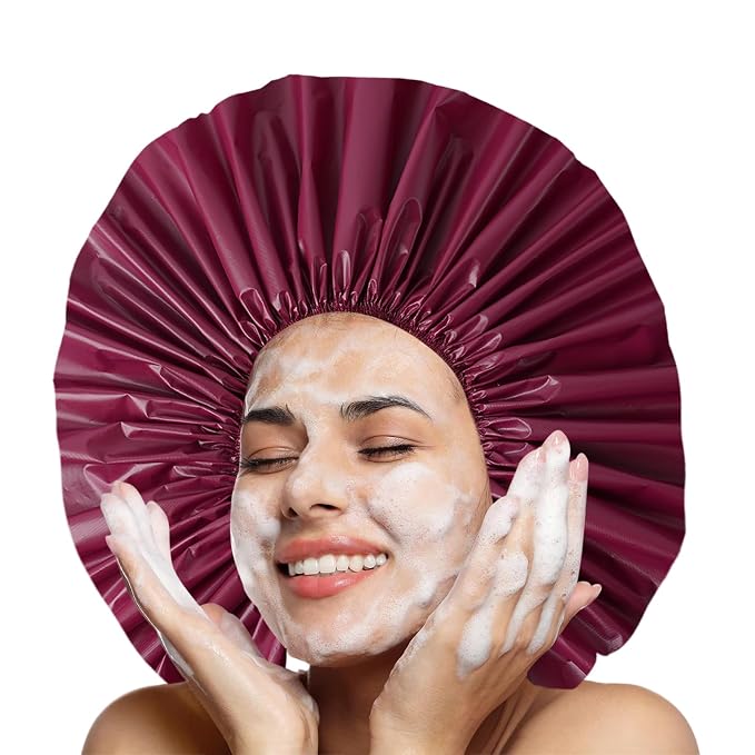 Super Jumbo Shower Cap for Women, 2 PCS Waterproof Hair Caps for Locs | Extra Large, Double Side Reusable PEVA Bath Cap, Washable, Holds Long Thick Twist Braid - Grey+Purple-red