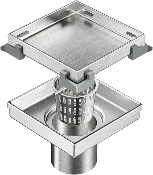 Neodrain Square Shower Drain with Removable Tile Insert Grate,304 Stainless Steel, CUPC Certified, Includes Hair Strainer (Brushed, 4 in)
