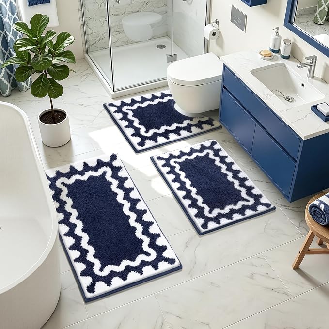 Findosom Bathroom Rugs Sets 5 Piece, Absorbent Soft Non-Slip Bath Rug Set | Washable Microfiber Shaggy Bath Mat Set with Bathroom Runner Rug, U-Shaped Toilet Rugs, Shower Rug & Toilet Lid Cover, Navy