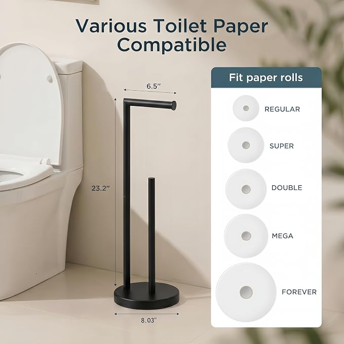 FORIOUS Toilet Paper Holder Stand with Storage for 4 Rolls, Matte Black | Modern Freestanding SUS 304 Stainless Steel Bathroom Tissue Roll Organizer with Heavy Anti-Slip Weighted Base