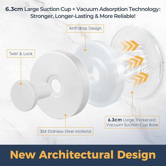 Large Suction Cup Hooks for Shower,Glass Window&Door,Mirror,Reusable Shower Hooks,No-Drill Removable Towel Hooks for Bathroom,2 Packs(Matte White)