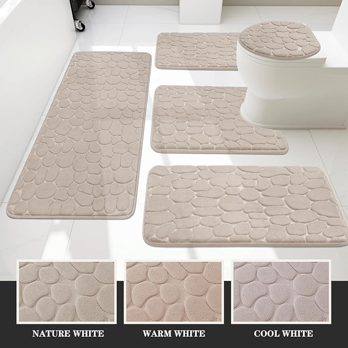 YIHOUSE Bathroom Rugs Mat Set, Memory Foam Bath Mat 5 Piece Khaki | Non Slip, Water Absorbent, Washable, Bath Mat For Bathroom, Sink and Toilet