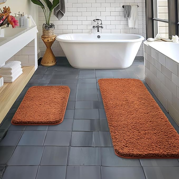 MIULEE Fall Burnt Orange Bathroom Rugs Set 2 Piece Bath Mats 16x24+16x48 | Soft Absorbent Microfiber Bath Rugs, Non Slip, Quick Dry, Fluffy Bath Rugs for Bathroom Floor Tub Showers, Machine Washable