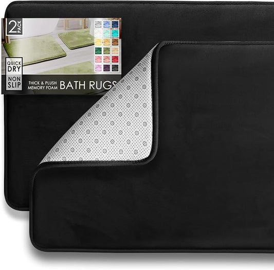 Clara Clark 2 Piece Bathroom Rugs Bath Mat Set, Velvet Memory Foam Bath Mats for Bathroom - Non-Slip, PVC Backing Bath Rugs, Washable - Dries Quickly, Black