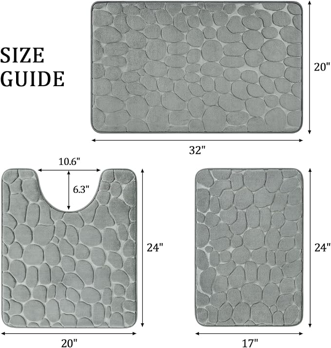 YIHOUSE Bathroom Rugs Mat Set, Memory Foam Bath Mat 3 Piece Gray | U Shape+Small Mat, Non Slip, Water Absorbent, Washable, Bath Mat For Bathroom, Sink and Toilet