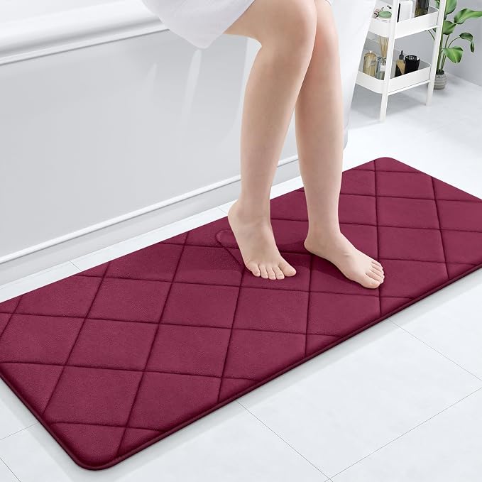 OLANLY Memory Foam Bath Mat 47x20, Ultra Soft and Absorbent Bathroom Rugs | Burgundy, Quick Dry, Machine Washable Shower Bath Rugs, Comfortable Bath Carpet for Bathroom Floor, Tub and Shower