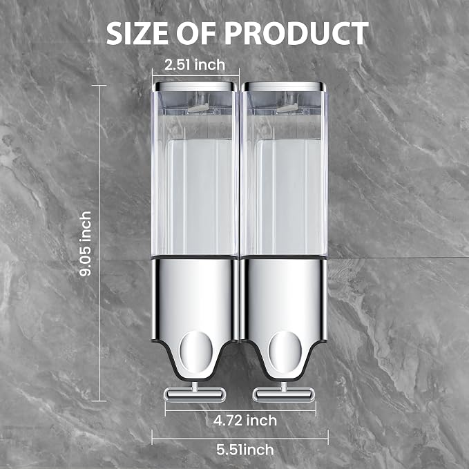 EHORIA Shampoo and Conditioner Dispenser, Shower Soap Dispenser | Shower Dispenser 2 Chamber No Drill, Wall Mounted Refillable Bottles, Shower Accessories for Bathroom, RV&Hotel,18.6oz 2 in 1