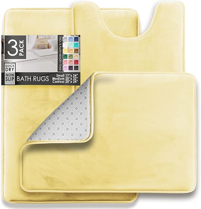 Clara Clark 3 Piece Bathroom Rugs Bath Mat Set, Velvet Memory Foam Bath Mats for Bathroom - Non-Slip, PVC Backing Bath Rugs, Washable - Dries Quickly, Yellow