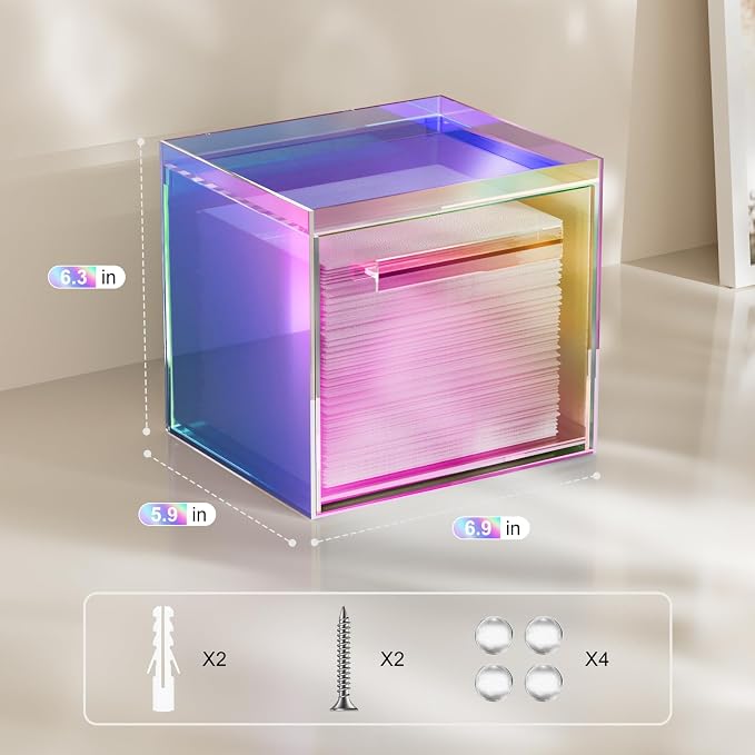Acrylic Disposable Facial Towels Holder, Wall-Mounted, Rainbow | Premium Thicken Acrylic | Compatible with Clean Skin Club Towel XL | Skin Care Organizer with Drawer | Bathroom Vanity