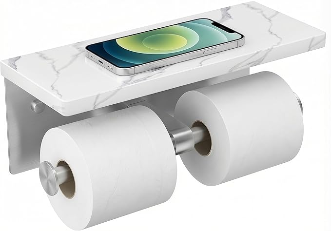 FORIOUS Toilet Paper Holder with Shelf, Marble Wall Mount Tissue Roll Holder for Bathroom, Washroom, 304 Stainless Steel Double Commercial Toilet Tissue Dispensers with Phone Shelf, Brushed Nickel
