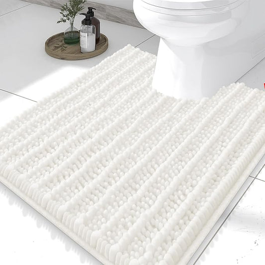 Smiry Bathroom Toilet Rugs U Shaped 24X20, Chenille Bath mats for Toilet | Ivory Extra Soft Absorbent Non Slip Rubber Backing Contour Bath Rugs for Toilet, Machine Washable Contoured Bath Mats