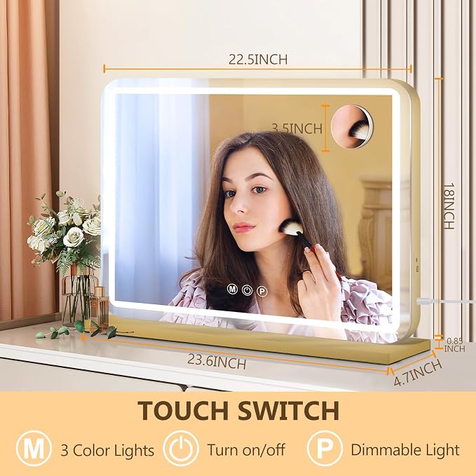 Ratsamee 23"x18" Gold Vanity Mirror with Lights, Led Makeup Mirror, Lighted Makeup Mirror with 3 Color Dimmable Lights, Smart Touch Screen Control, Aluminum Metal Frame,USB Charging Port