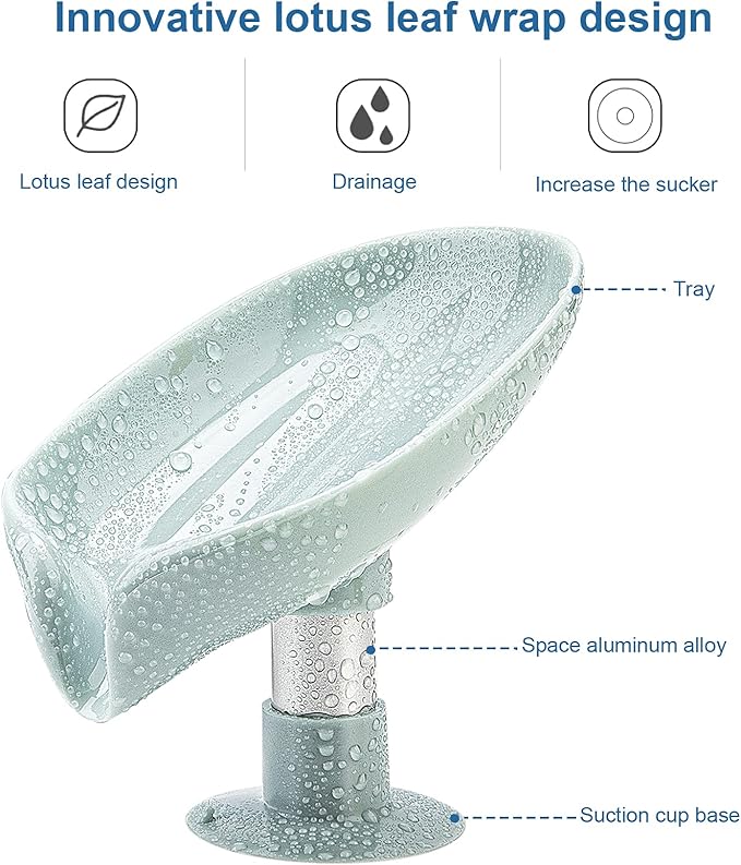 2 Pack Soap Holder Leaf-Shape Self Draining Soap Dish Holder, Not Punched Easy Clean Bar Soap Holder, with Suction Cup Soap Dish Suitable for Shower, Bathroom, Kitchen Sink (Grey + Green)