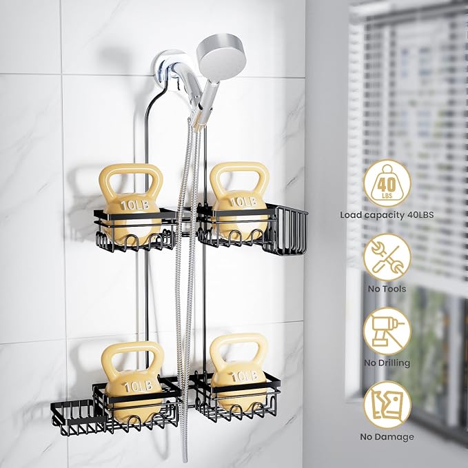 KEGII Shower Caddy Hanging for Handheld Showerheads, Rustproof Hanging Shower Organizer with Soap Dish, Toothbrush Holder and Hooks, Over Showerhead Caddy for Bathroom