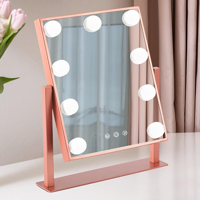 BWLLNI Lighted Makeup Mirror, Rose Vanity Mirror with Lights,9 LED Bulbs | Hollywood Mirror Touch Control Design 3 Colors Dimmable Bulbs Detachable 10X Magnification 360°Rotation