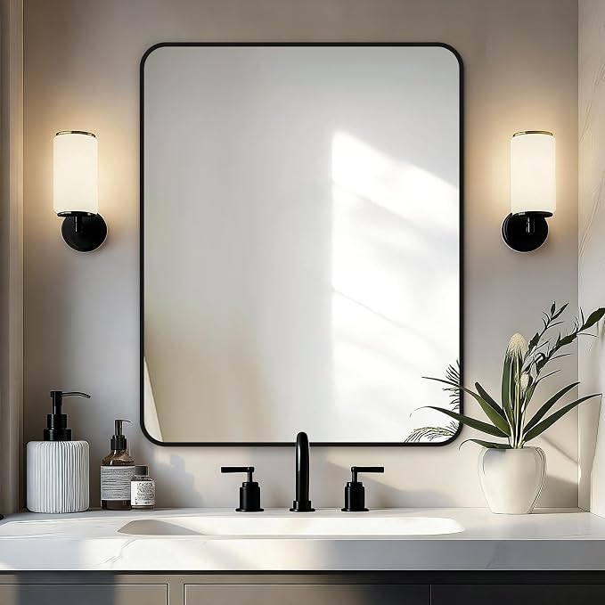 Delma Bathroom Vanity Mirror, Black Framed Mirror for Over Sink, 30x24 | HD glass, distortion-free for makeup and grooming, Sturdy frame, all mounting hardware, hangs horizontal or vertical