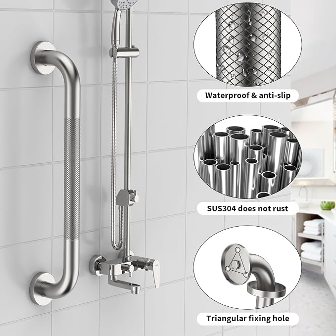 16 Inch Anti Slip Shower Grab Bar Handle, ZUEXT Brushed Nickel Stainless Steel Bathroom Grab Bar, Knurled Bathroom Balance Bar,Safety Hand Rail Support,Handicap Injury Senior Assist Bath Handle