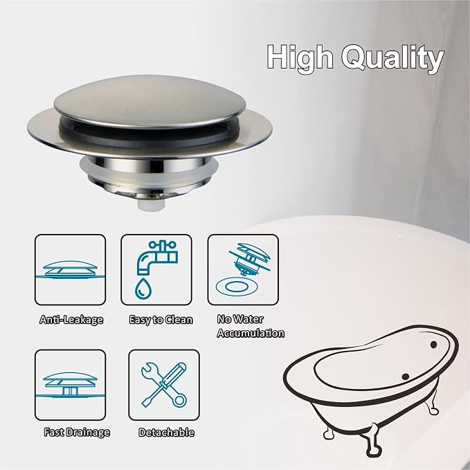 Brushed Bathtub Stopper Tub Drain,Welsan Universal Pop Up Tub Drain Stopper Replacement Tip Toe, Lift and Turn with 2-Hole Overflow Face Plate Cover and EZ Bath Tub Plug (Brushed Nickel)