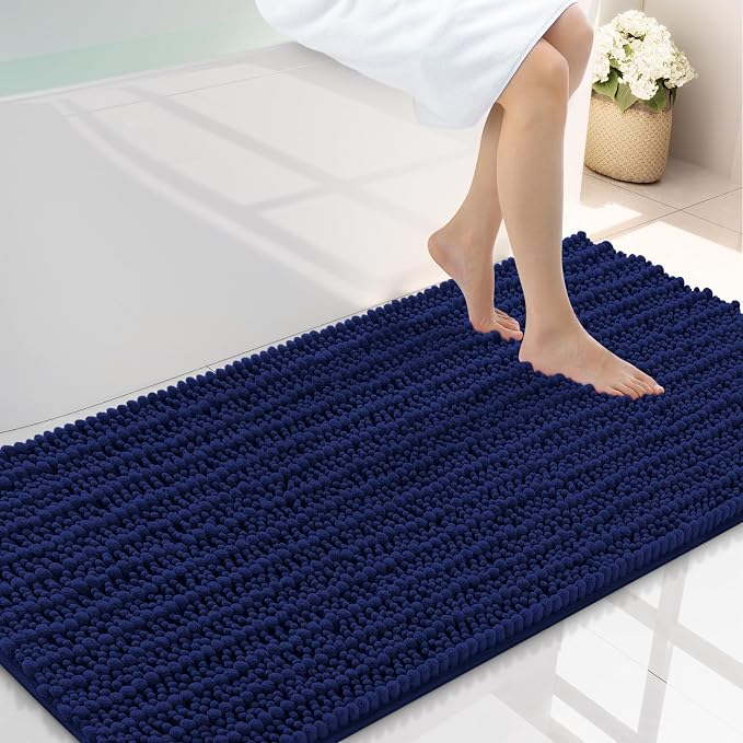 Smiry Bathroom Rugs 40X24, Extra Soft Rubber Backing Chenille Bath Mats | Navy Blue Machine Washable Non Slip Quick Dry Bath Mats for Bathroom Floor, Tub, Shower, Home Decor Accessories