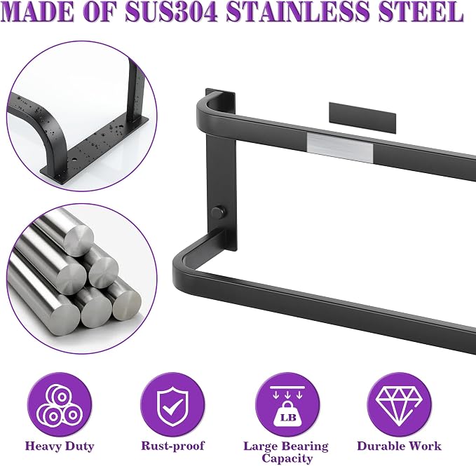 Alise Double Towel Bars 24 Inch, Towel Rack for Bathroom Stainless Steel Bathroom Towel Rack Wall Mounted Towel Holder, Matte Black