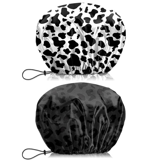 2 PCS Shower Cap Waterproof Double Layer Elastic Adjustable Reusable Hair Bath Caps for Girls Women Cute Aesthetic-Black