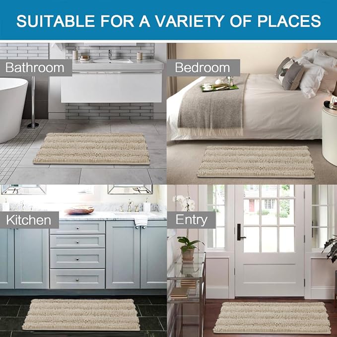 H.VERSAILTEX Bath Mats for Bathroom Non Slip Thick Chenille Striped Bath Rug Absorbent Fluffy Soft Shaggy Rugs Washable Dry Fast Plush Mats for Indoor, Bath Room, Tub - 24" x 36", Fog