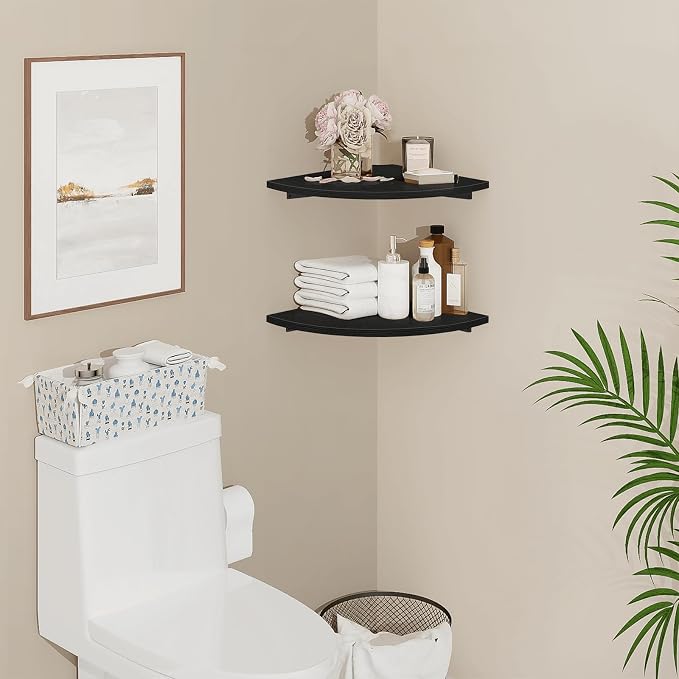 Homode Corner Floating Shelves, 12" Deep Corner Shelves Wall Mounted with Cord Hole, 2 Tier Curved Corner Hanging Shelving for Wall Storage, for Cable Box, TV Cords, Books, Plants, Black
