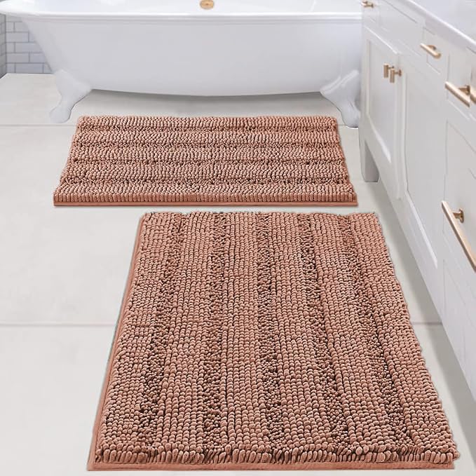 H.VERSAILTEX 2 Piece Set Bathroom Rugs Bath Mats Sets Super Absorbent Chenille Striped Bath Mats Non Skid Machine Wash Dry Rugs for Bathroom Floor (Muted Clay, 24 x 36 Plus 20 x 32 - Inches)