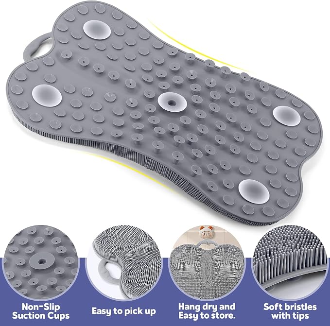 Kalolary Silicone Back Exfoliating Cleaner, Large Foot Cleaner Brush with Back Support Anti-Slip Suction Cups, Exfoliating Feet Scrubber for Shower to Clean & Massage Feet Without Bending Over (Grey)
