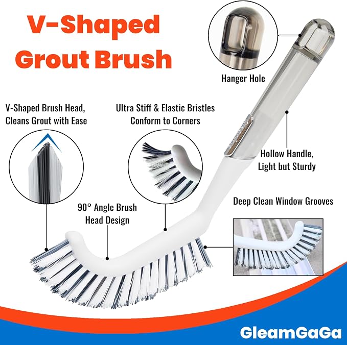 3 Pack Shower Brush for Cleaning, Heavy-Duty Scrub Brush Set for Bathroom | 3 Specialized Brushes, Stiff Bristles, Curved Brush, V-Shaped Grout Brush, Bathroom Deep Cleaning