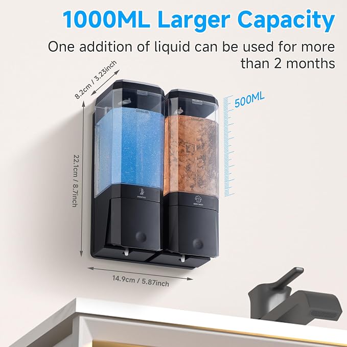 Shampoo and Conditioner Dispenser,GlintGath Shower Dispenser 2 Chamber No Drill Shampoo Dispenser for Shower Wall Mounted Shower Soap Dispenser for Bathroom Hotel,Large Capacity 2 * 500ML,Black