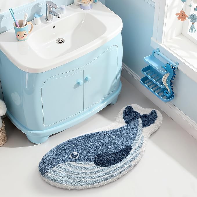 LUMI Cute Animal Bathroom Rugs, Plush Absorbent Bath Mats for Bathroom, Non-Slip Backing Washable Bath Mat, Ideal for Shower Sink Bathtub Room Decor, 20"x35", Deep Whale