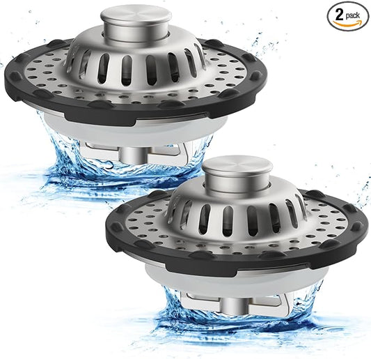 2PCS Universal Metal Bathtub Drain Stopper Top Hair Catcher, Brushed Nickel | Shower Drain Tub Stopper with Stainless Steel Visible Filter Basket, Upgraded 3 in 1 Pop-up Drain Plug for 1.5 to 2.4" Hole