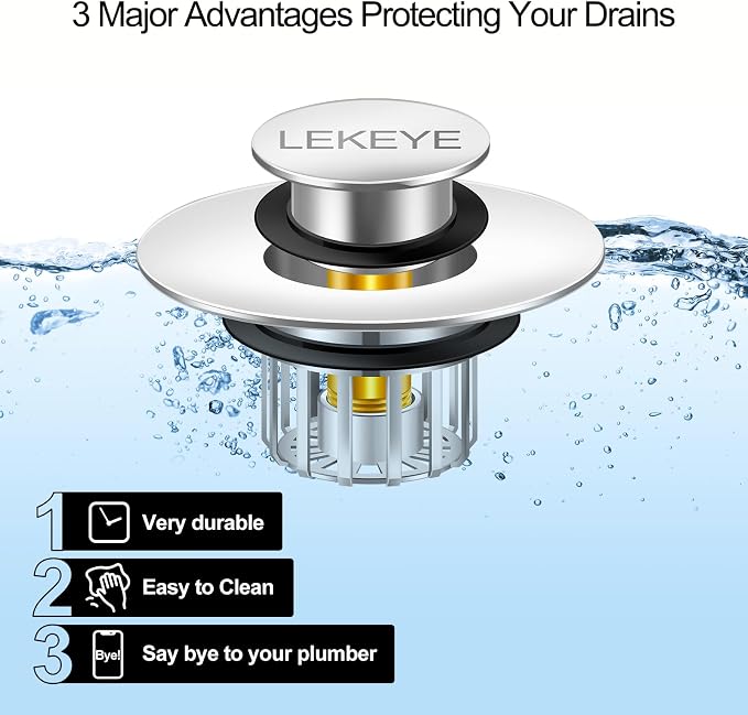 LEKEYE Tub Stopper | Shower Drain Hair Catcher | Pop-up Drain Stopper with Strainer | Bathroom Bathtub Plug | Drain Protector for 1-1/2 to 1-3/4" Bath Drain Hole - Pearl Chrome