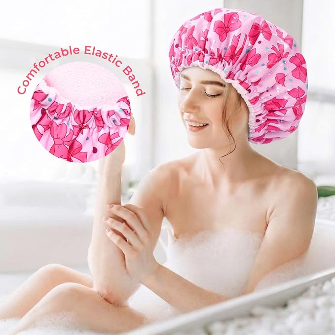 Aileam Pink Bow Shower Cap for Women, Terry Lined Bath Cap Large Reusable Waterproof Shower Hair Cap for Long Thick Hair