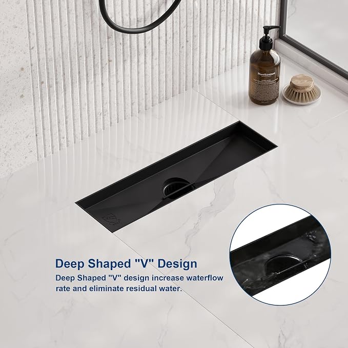Neodrain 12 in Matte Black Linear Shower Drain- with 2-in-1 Flat & Tile Insert Cover, 304 Stainless Steel Rectangle Shower Floor Drain,Floor Shower Drain
