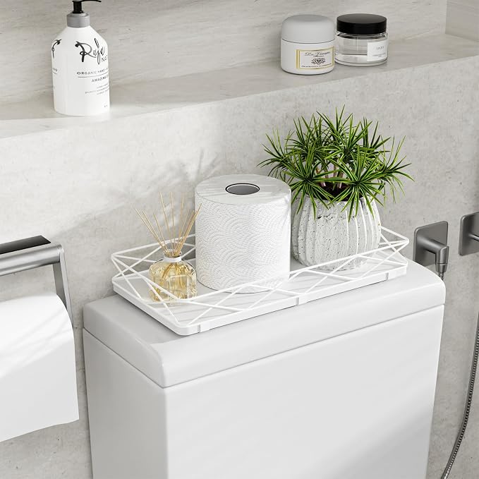 Lixple Toilet Paper Basket Holder, 13" Toilet Tank Tray, Wood and Metal Toilet Tray Vanity Organizer Bathroom Tray, Kitchen Sink Organizer for Soap Dispenser (White)