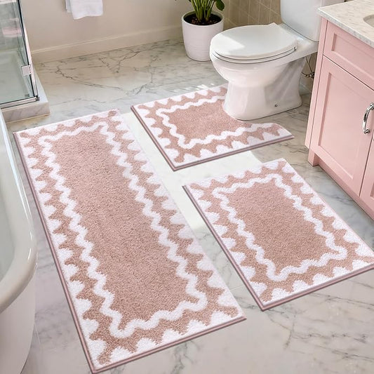 Findosom Bathroom Rugs Sets 3 Piece, Absorbent Soft Non-Slip Bath Rug Set | Washable Microfiber Shaggy Scalloped Bath Mat Set with Bathroom Runner Rug, U-Shaped Toilet Rugs, Shower Rug, Pink
