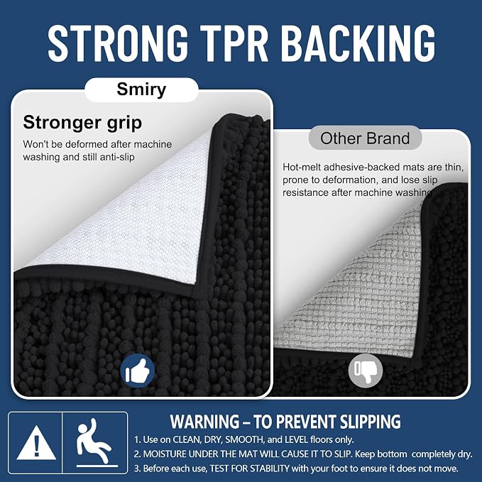 Smiry Bathroom Rugs 30X18, Extra Soft Rubber Backing Chenille Bath Mats | Black Machine Washable Non Slip Quick Dry Bath Mats for Bathroom Floor, Tub, Shower, Home Decor Accessories