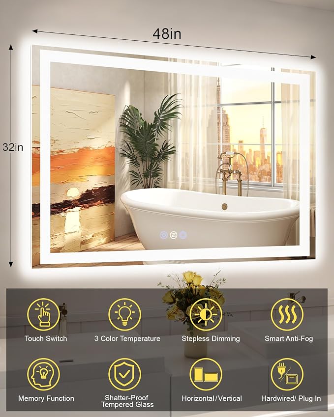 48x32 LED Bathroom Mirror, 6000LM, Separate Front and Back Lights | Shatter-Resistant Tempered Glass,Auto-Off Defogger,3 Color Modes,Smooth Dimming,Smart Memory Setting
