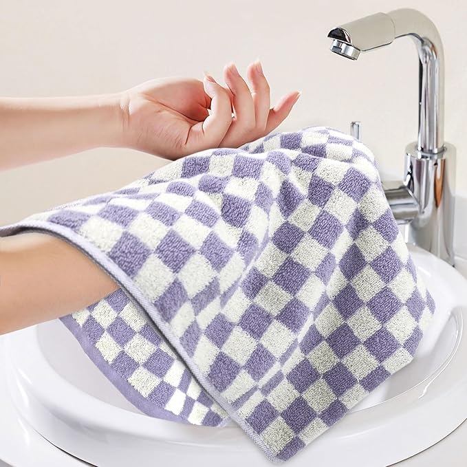 Hand Towel for Bathroom Guest Room - Cotton Face Towel Set Lilac Checkered | Extra Soft, Absorbent 4-Piece for Daily Use