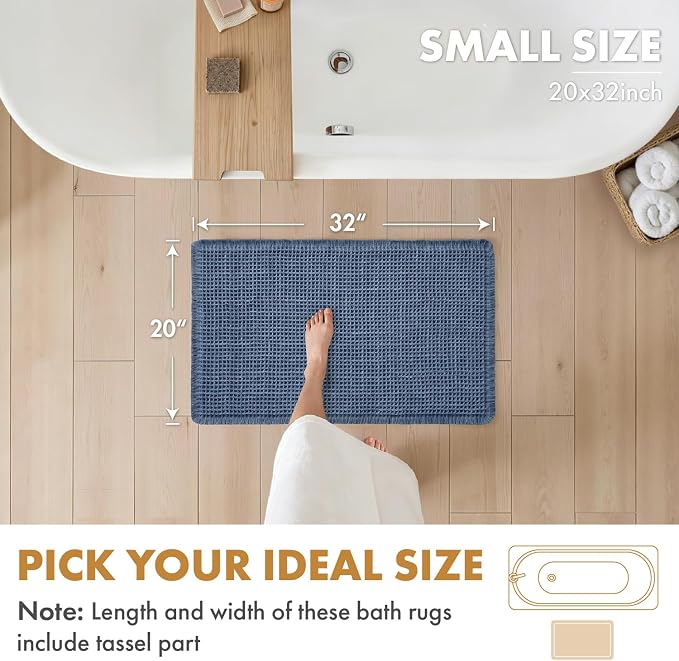 MIULEE Set of 2 Waffle Bathroom Rugs Boho Bath Mat Blue 20x32 Inch | Non Slip, Super Absorbent, Washable, Ultra Soft, Rubber Backed Bath Rugs for Bathroom Floor Tub Shower