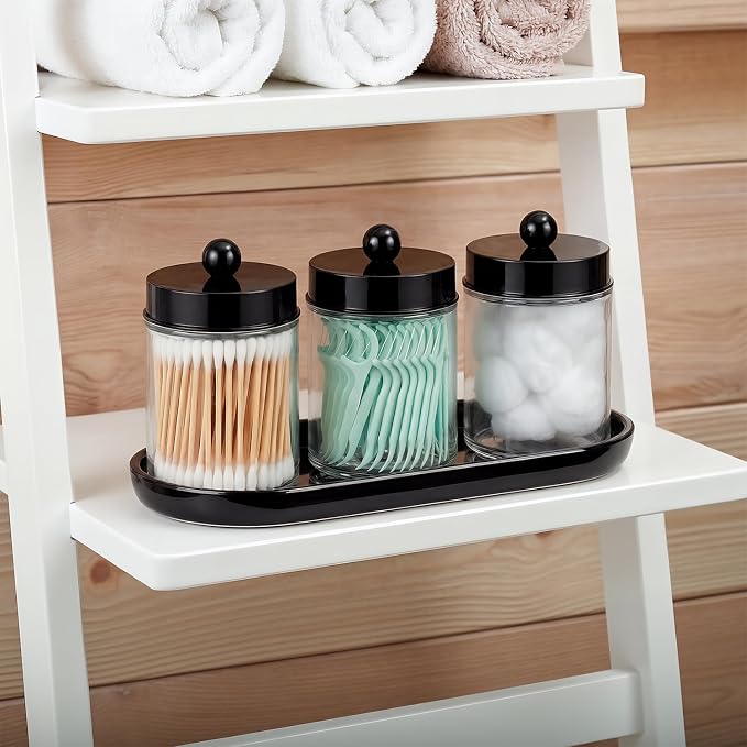 SheeChung 3 Pack Glass Apothecary Jars with Acrylic Vanity Tray | Cotton Round Holder, Countertop Guest Canister Bathroom Organizers and Storage for Cotton Swabs/Balls, Floss Picks