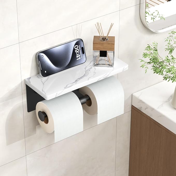 FORIOUS Toilet Paper Holder with Shelf, Marble Wall Mount Tissue Roll Holder for Bathroom, Washroom, 304 Stainless Steel Double Commercial Toilet Tissue Dispensers with Phone Shelf, Matte Black