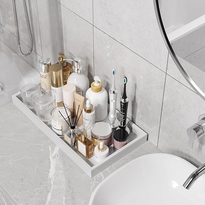 ZHWS Bathroom Vanity Tray for Countertop Perfume Makeup Jewelry Candle Decor, Kitchen Tray for Soap Dispenser Spice Salt, Large Tray for Toilet Tank Paper, Serving Nightstand White 13”x6.5”