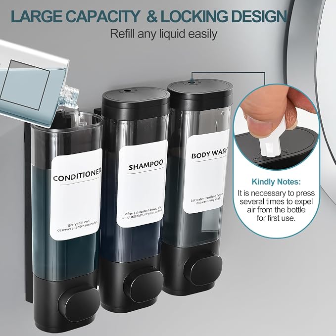 Shampoo Conditioner Shower Soap Dispenser 3 Chamber Wall Mount Black | Refillable. Leakproof 900ml. No-Drill Wall Mount. Soap, Shampoo, Conditioner, Body Wash, Shower Gel, Bathroom Set. BPA-Free.