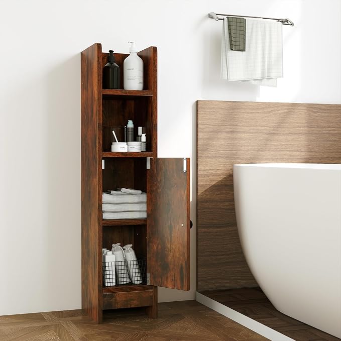 GIANTEX Bathroom Cabinet, Narrow Side Cabinet with Adjustable Shelf, Bathroom Cabinet, Space Saving, Storage Cabinet for Laundry Room, Living Room & Kitchen, 20 x 18 x 80 cm (Brown)