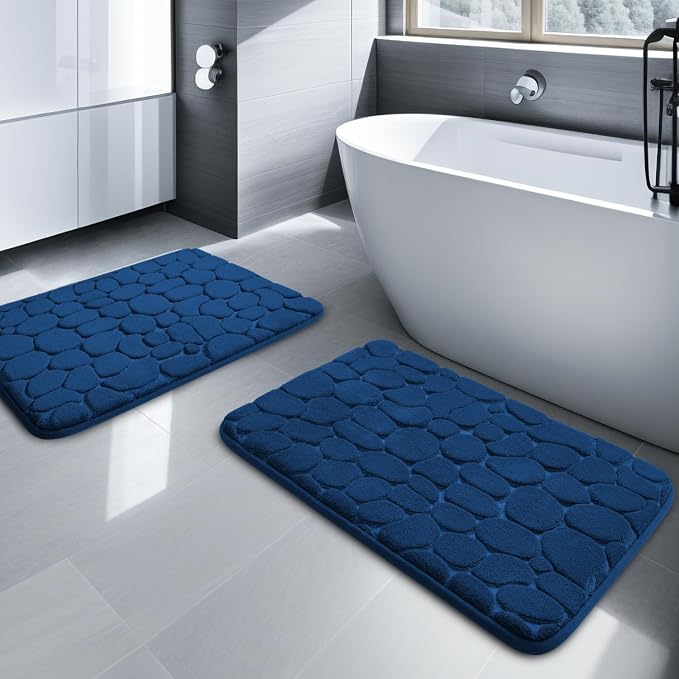YIHOUSE Bathroom Rugs Mat Set, Memory Foam Bath Mat 2 Piece Navy Blue | 17x24&20x32, Non Slip, Water Absorbent, Washable, Bath Mat For Bathroom, Sink and Toilet