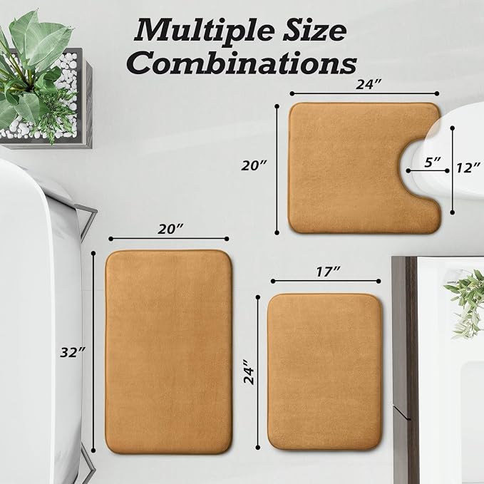 HUXMEYSON Bathroom Rugs Sets 3 Piece, Non-Slip & Quick Dry Bath Mat Set, Ultra Soft Velvet Bath Rugs for Bathroom, Toilet and Shower Floor, Khaki